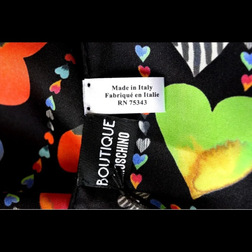 NEW MOSCHINO 100% Silk Scarf Black/Multi Heart Print,Hand rollIed, Italy…
